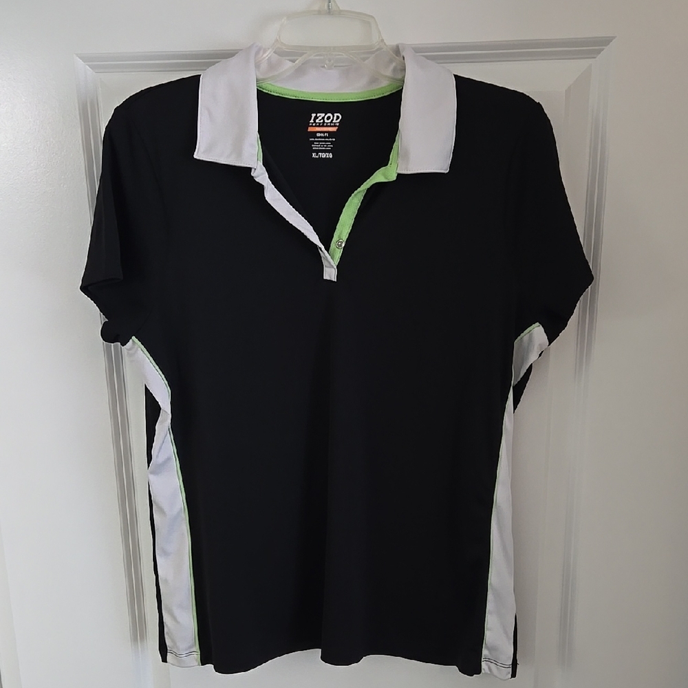 Izod Black and White Polo with Green Accents
